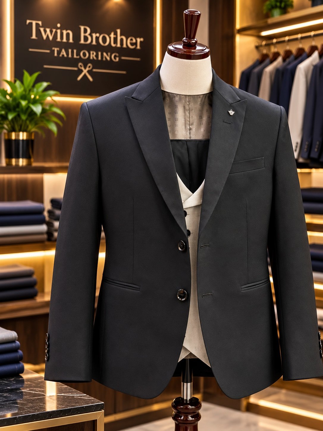 Black Formal Peak Lapel Suit with grey waistcoat