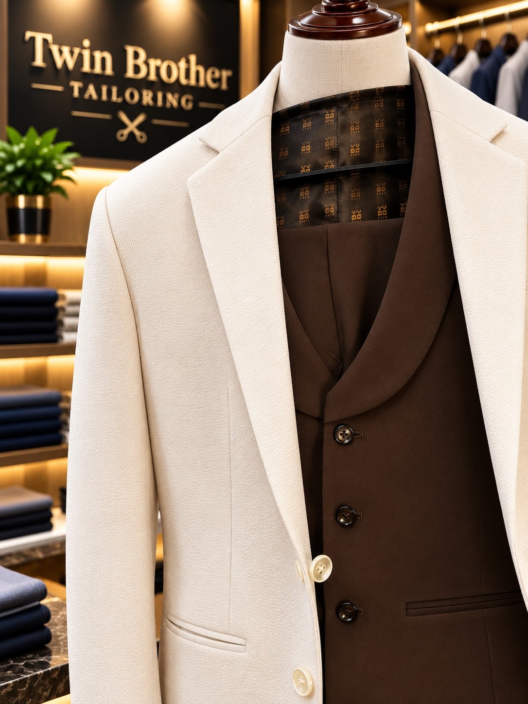 Ivory Textured Blazer with Chocolate Brown Waistcoat