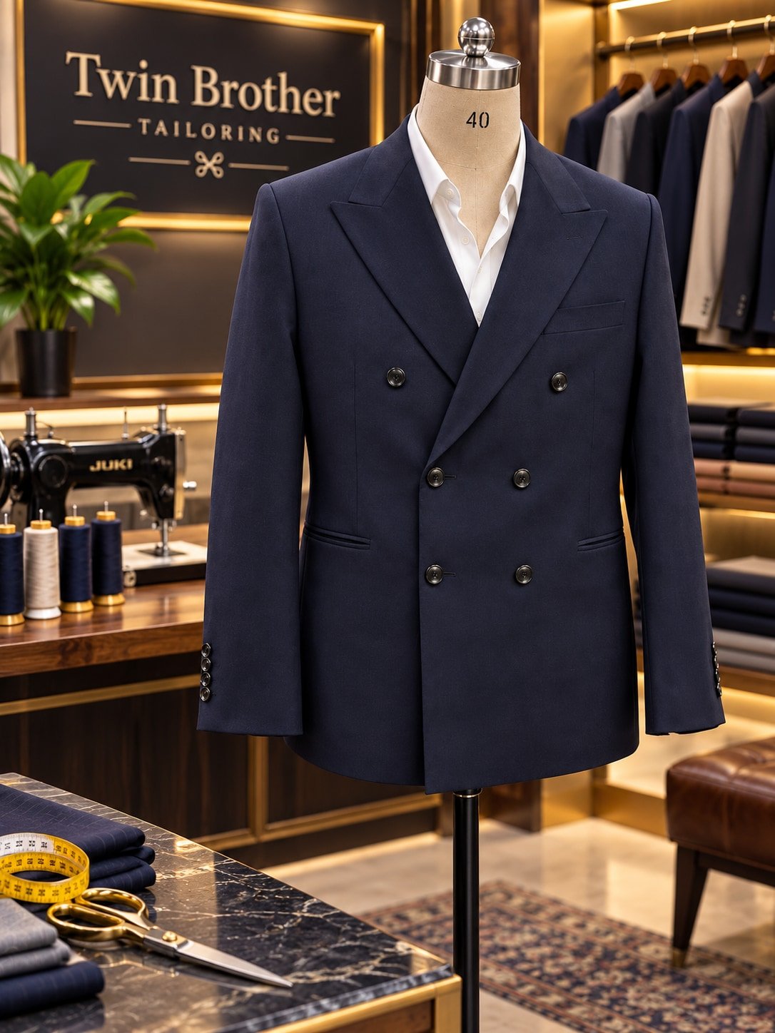 Tailored Dark Navy Double-Breasted Suit in workshop